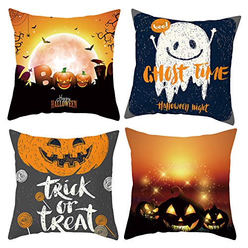 JoyPlay - Juego de 4 fundas de cojín cuadradas para Halloween, diseño de calabaza y fantasma, decoración para sofás, camas, sillas, 45 x 45 cm