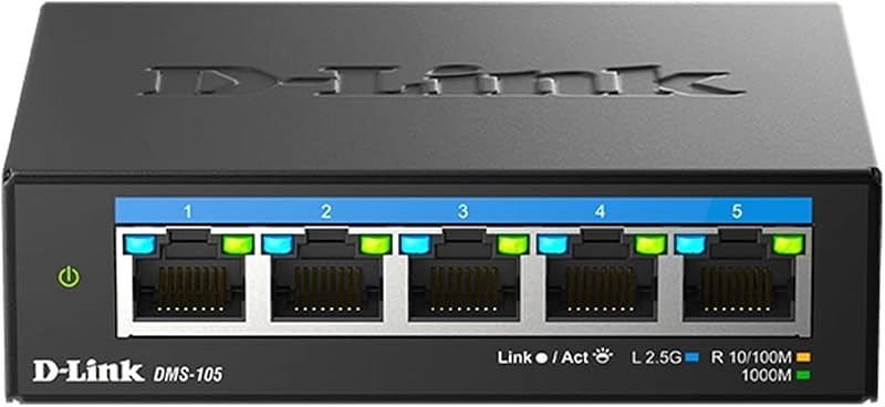 D-Link Conmutador para juegos no administrado de 5 puertos y 2,5 GB con 5 x 2,5 G - Multi-Gig, Red, Sin ventilador, Plug & Play (DMS-105/RE) (Renovado)