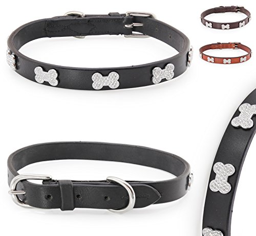 Pear - Tannery - Luxury Line: Hundehalsband Aus Weichem Vollrindleder, Versehen Mit Einer Knochen-Kristall-Verzierung Mittig, S 34-44cm, Black Cover