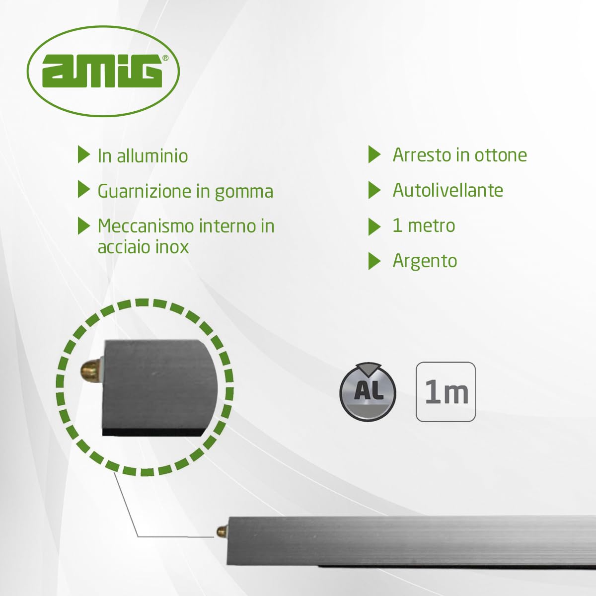 Amig - Guarnizione per porte | Guarnizione automatica da avvitare | Chiusura in gomma | Meccanismo interno in acciaio inox e battuta in ottone | Accorciabile | 1 m | Argento | Alluminio