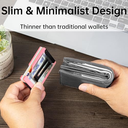 Image of Minimalist Carbon Fiber Wallet for Men, Money Clip Cash Strap Wallet, RFID Blocking Metal Wallet Aluminum Card Holder,Front Pocket Wallet(Matte Pink)