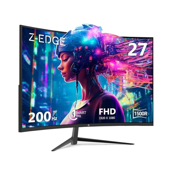 Z-Edge UG27 27-inch Curved Gaming Monitor 16:9 1920×1080 200Hz 1ms Frameless LED Gaming Monitor, AMD Freesync Premium Display Port HDMI