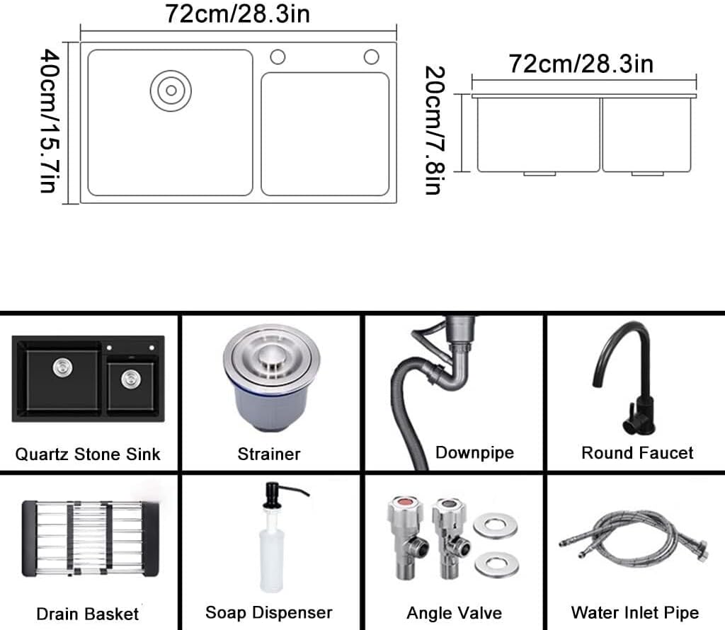 Quartz Stone Kitchen Bar Sink with Faucet - Double Bowl Prep Sink, Drop-in or Undermount Installation, Easy to Clean, Black Square Design,Black~a-72x40cm