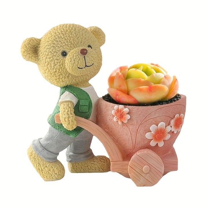 Image of Cute Bear Succulent Planter with Floral Cart - Resin Mini Pot for Desk, Home or Kids Room Decor - Decorative Animal Plant Holder | No Plants or Floral Included (4.13 Inch)