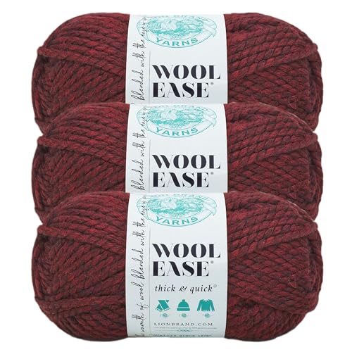 Image of Lion Brand Yarn Wool-Ease Thick & Quick Yarn, Soft and Bulky Yarn for Knitting, Crocheting, and Crafting, 3 Pack, Claret | Super Bulky Wool Acrylic Blend Fiber for Soft Hats, Sweaters, Chunky Blankets, Yarn for Crochet, Knitting, Crafts, Weaving
