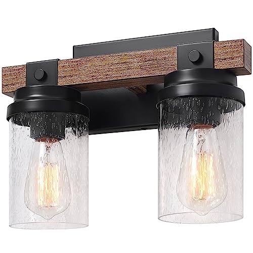 Accesorios de iluminación rústicos para tocador de baño, 2 luces, lámparas de baño de granja sobre espejo con pantalla de vidrio transparente, aplique de pared negro para baño, pasillo, dormitorio