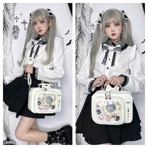 Image of Novelty Women TV Shape Ita Bag Retro Television Shoulder Bag Design Ita Backpack with Inserts Unique female Clear Windows Anime Display for Pins Display(White)