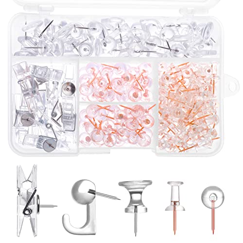 200 PCS Plastique Transparent Pointe en Acier, Punaises à Clip Incluses Punaises à Tête Ronde Punaises à Crochet Punaises pour Décoration Murale de Bureau