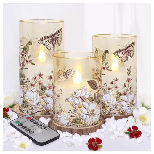 Holitown Glass Flameless Candles Battery Operated with Remote Timer Botanical Butterfly & Floral Real Wax Flickering LED Pillar Candle for Spring Summer Home Decor, Wedding, Table Centerpiece