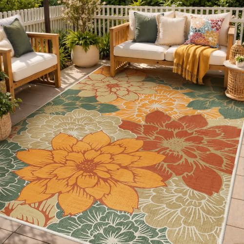 GENIMO 5x8 Outdoor Rug, Washable for Patio and Deck, Orange Green