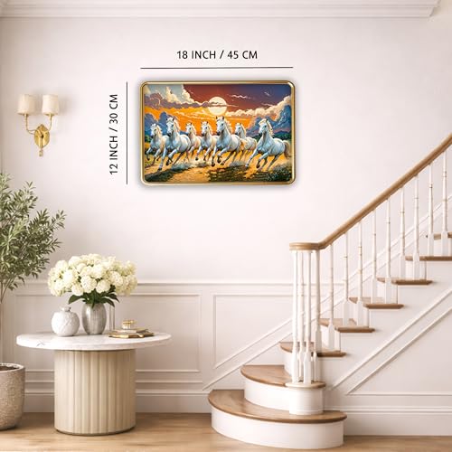 Image of XOPY Seven Running Horses with Golden Frame | Vastu 7 horses Raw Pyrite Painting for Home, Office & Living Room Wall Decore | 12X18 Inch Sparkle Laminated Frame | Best For Gifting (53315, 12X18)