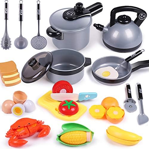 iPlay, iLearn Kids Kitchen Toy Accessories, Toddler Cooking Playset, Pretend Pots Pans Set, Fake Cookware Appliance Cutting Play Food, Utensils, Birthday Gift for 3 4 5 Years Old Girls Boys Baby Child