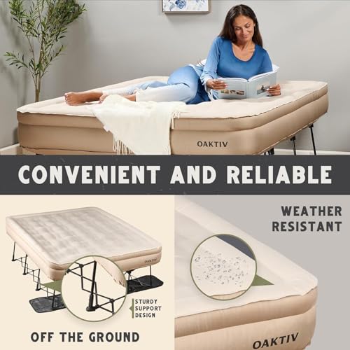 Image of Oaktiv Queen Air Mattress with Frame, Self Inflating /Deflating Blow Up Bed for Adults - PeakRest Camping Cot with Mattress - Portable Queen Size with Travel Rolling Case on Wheels