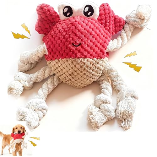 LydaPKS Plush Squeaky Crab Dog Toy with Rope Legs - 5.5X9.5 Durable Dog Chew Toy for Small Dogs | Built-in Whistle Sounds | Teeth Cleaning | Interactive Dog Toys RED
