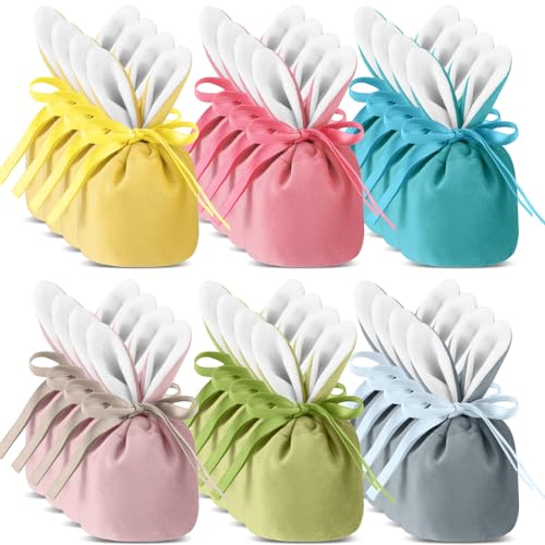 Funtery Easter Bunny Gift Bags Rabbit Ear Velvet Bags with Drawstrings 4.7 x 3.7 Inch Bunny Gift Pouches Party Favors for Baby Kid Basket Party Supplies Candy Treat Jewelry, 6 Color(24 Pcs)