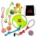 Dog Toys 10 Pack Gift Set + Free Bag – Ropes with Knots Bones Balls Frisbee Chew Squeak Plush Duck Toy