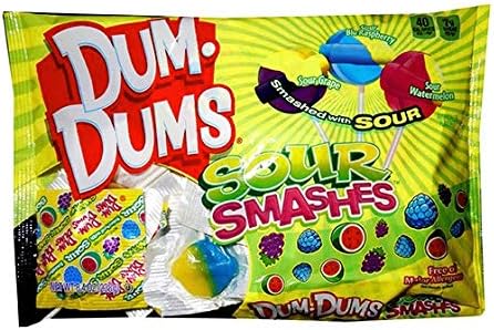 Dum-Dums (1) Bag Sour Smashes Fruit Flavored Lollipop Candy - Sour Grape, Sour Blu Raspberry, Sour Watermelon - Free Of Major Allergens 8.4 oz