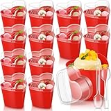 Sliner 12 Pack 5 oz Valentine's Day Heart Shaped Dessert Cups with Lids and Spoons Plastic Dessert Container Heart Shaped Bowls Disposable Parfait Pudding Shooter for Valentine Wedding Party (Red)