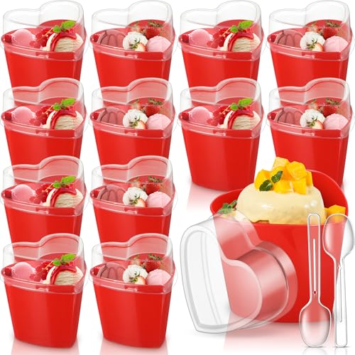 Sliner 12 Pack 5 oz Valentine's Day Heart Shaped Dessert Cups with Lids and Spoons Plastic Dessert Container Heart Shaped Bowls Disposable Parfait Pudding Shooter for Valentine Wedding Party (Red)