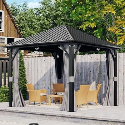 Aoxun 10'x10' Hardtop Gazebo, Galvanized Steel Outdoor Canopy Aluminum Single Top, Permanent Metal Pavilion with Netting and Privacy Curtains for Backyard, Patio and Deck