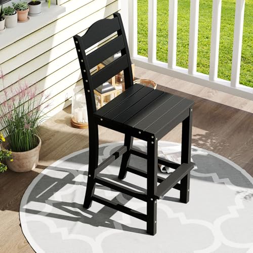 Image of Tangkula Patio HDPE Barstool, Outdoor High Top Bar Chair w /Backrest & Footrest, All-Weather Wood-Plastic Bar Height Chair for Poolside, Backyard, Porch (1, Black)