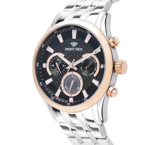 Image of Men's Sleek Black Round Chronograph Stainless Steel Silver Strap Quartz Watch 7008C-M1304-44 mm