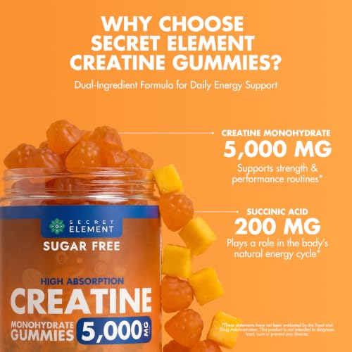 Image of Secret Element Creatine Monohydrate Gummies 5000 mg per Serving, Sugar Free Vegan Gummies, Non-GMO, Creatine Chews for Women & Men, 30 Servings, 120 Gummies, Mango Flavor