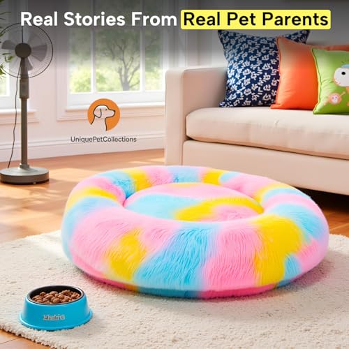 Image of Dog Bed Large - Plush Anti-Anxiety Calming Cushion for Dogs and Cats, Soft Fluffy Donut Cuddler, Multi XL - Ideal for Dog House