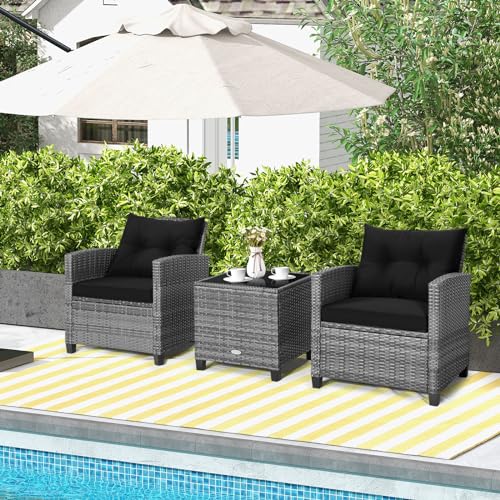 Image of Tangkula 3 Pieces Patio Furniture Set, Outdoor PE Rattan Conversation Chair Set with Tempered Glass Side Table and Removable Cushions, PE Wicker Chairs and Table Set for Porch, Balcony and Garden