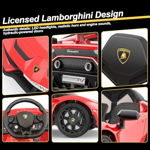 Hipicute 12V Electric Ride-On Car for Kids | Licensed Lamborghini Battery-Powered Sports Car with Remote Control, 2 Speeds, Sound System, LED Headlights, Hydraulic Doors