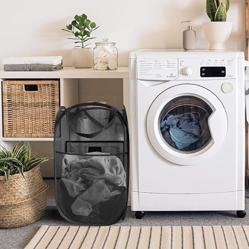 Image of Larpur 3 Pack Pop Up Laundry Hampers, Collapsible Mesh Laundry Baskets, Portable Foldable Clothes Hampers for Dorm, Home, Bedroom, Bathroom, RV Cruise, Black