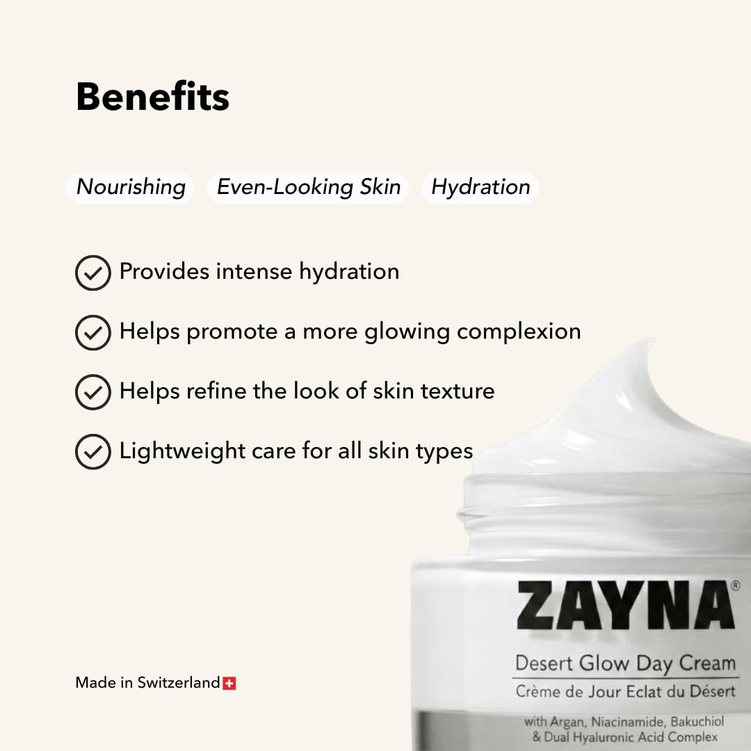 ZAYNA Desert Glow Day Cream 50 g – lekki krem na dzień z olejkiem arganowym, niacynamidem, bakuchiolem i kwasem hialuronowym, dla nawilżenia i promiennej skóry, wyprodukowano w Szwajcarii