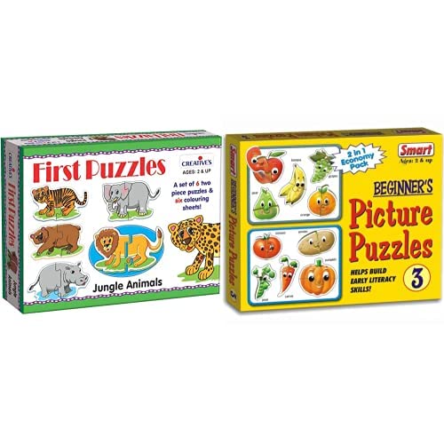 Creative's First Puzzles - Jungle Animals (6 Pieces,Multi-Colour)&Smart Fruits and Vegetables Puzzle, 4 Set of Picture Puzzles with 2 Board,for Kid