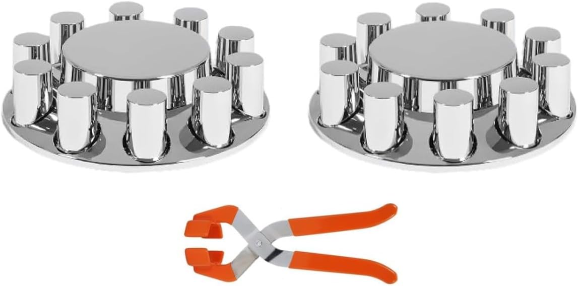 33mm Chrome ABS Flat Top Axle Cover Complete Set with Removable Hubcaps and Screw-on Plastic Lug Nut Covers for Semi Trucks (2 Front)