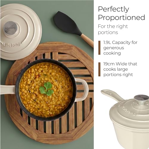 Image of Lifelong Enamel Cast Iron Saucepan with Lid (1.9L, 20cm) | Oven, Gas & InductionŚ Compatible | Slow Cooking, Even Heat Distribution, Non-Toxic, Durable, Naturally Nonstick, No Stains or Scratch(Ivory)