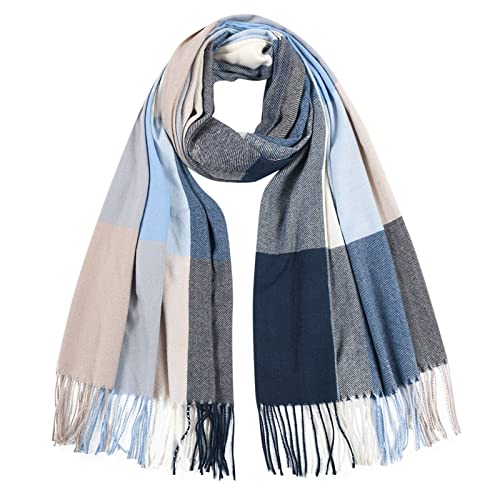 YOLAI Women's Tassel Plaid Scarf Thick Warm Shawl Winter Thermal Scarves (Blue, One Size)