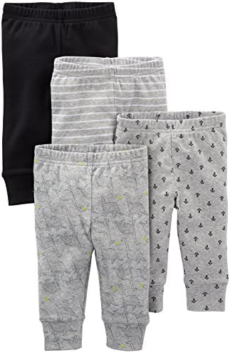 Simple Joys by Carter's Baby Boys' Cotton Pants, Pack of 4, Black/Grey Stripe/Anchor/Dinosaur, 3-6 Months