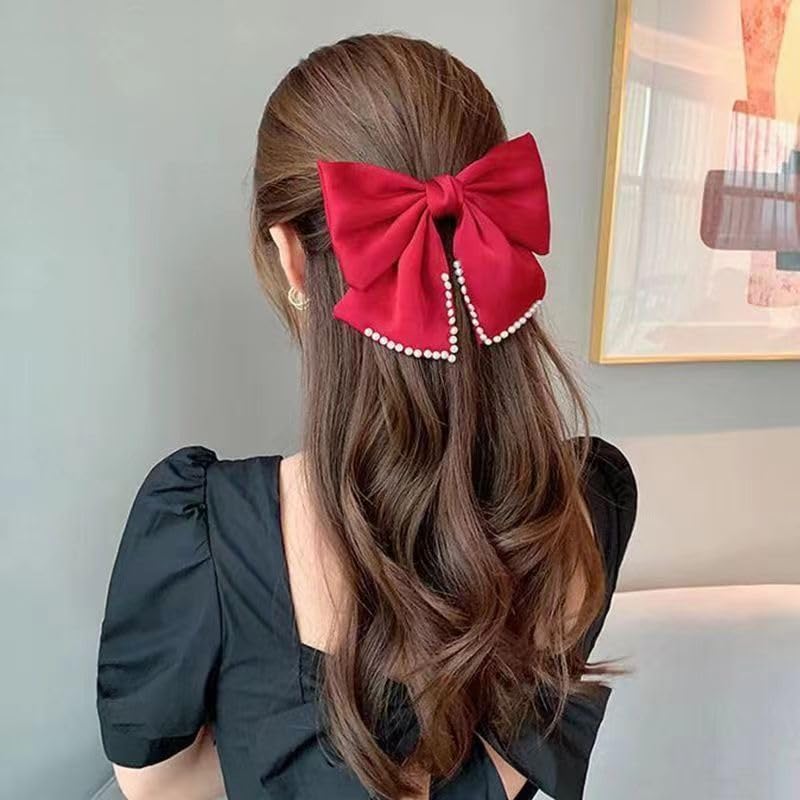 Miniatura 2 de Pinzas para el cabello con lazo rojo grande para mujeres y niñas, pinzas de satén y perla para mujer, lazos para el cabello, pasadores de lazo,