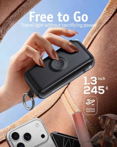 Image of RORRY Flow Portable Charger 10000mAh 40W Wall Plug Power Bank Battery Pack | Built-in USB-C Cable, Keychain Design, Fast Charging, for iPhone 17 /16 /15, Apple Watch, iPad, 3-in-1, Travel Essential