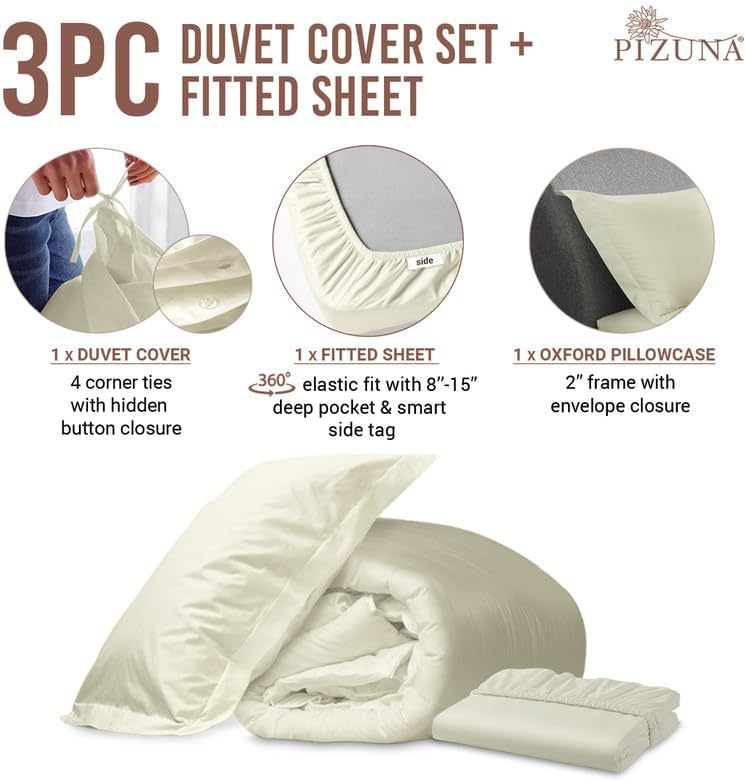 Miniatura 3 de Pizuna Juego de funda de edredón de 3 piezas de 100 % algodón + 1 sábana bajera de 400 hilos, tejido de satén blanco hueso, lujoso juego de ropa