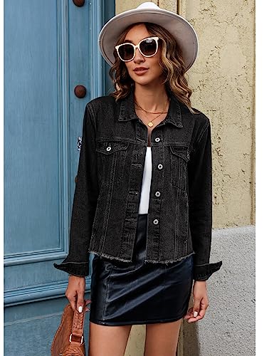 Image of luvamia Denim Jacket for Women Distressed Jean Jackets Button Up Vintage Western Trucker Jacket Frayed Hem Pockets