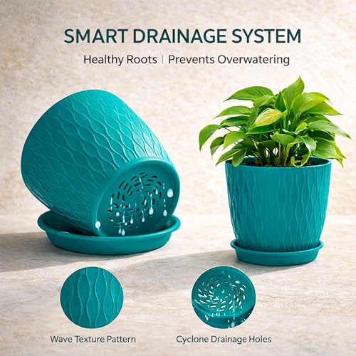 Image of Eightiz (Pack of 5 6 Inch Plastic Flower Pots for Indoor & Outdoor Terrace,Garden Plants Decorative Planters with Drainage Holes & Matching Saucers Durable & Lightweight (Bluegreen)