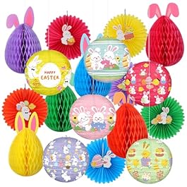 Retisee 18 Pcs Easter Party Decoration Easter Honeycomb Decorations Hanging Pastel Paper Lanterns Bunny Paper Fans for Ceiling Tree Spring Party Classroom Decoration