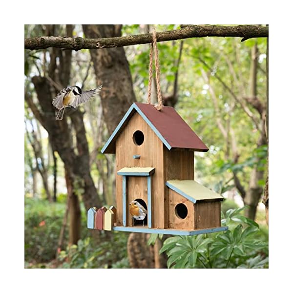 2in1Bird House&Bird Feeder,Bird Houses for Outside,3 Hole Bird House for Outside/Indoors/Hanging,Wooden Birdhouses,Handmade Natural Bird House for Garden/Courtyard/Backyard Decor,Large Bird Houses.