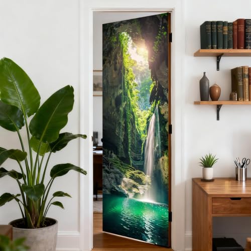 Image of Nuxovilar Oasis Cave Door Stickers Peel Stick PVC 30.3x78.7 Inches | Door Stickers Wall Decals Peel Stick Cover Vinyl Art Poster Bathroom Cabin Cottage (Waterfall Oasis)