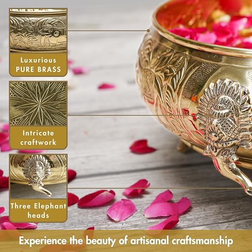 Image of BEHOMA Ethnic Elephant Carved Brass Urli Bowl, 12 inch | Ethnic elephant-carved brass urli bowl, 12 inch; golden centerpiece for Diwali, Navratri & Durga Puja.