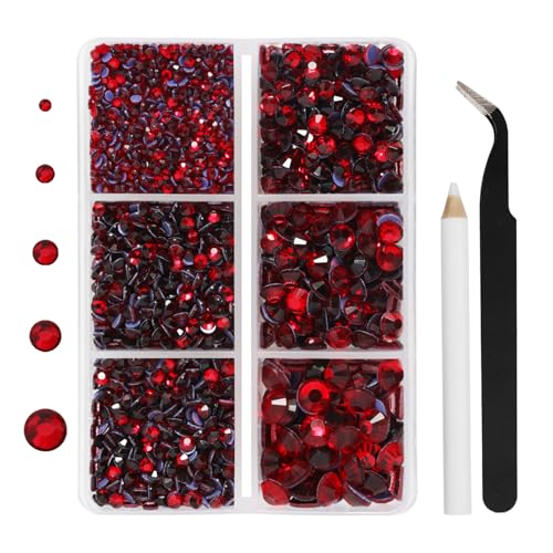 Hotfix Rhinestones 3960pcs Red Rhinestone for Clothes Hot Fix Crystals Rhinestones with Tweezers and Wax Pencil Kit Mixed 5 Sizes SS6-SS30 Siam