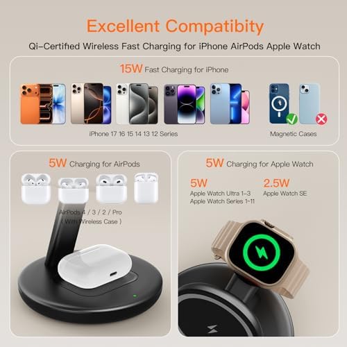 for Apple Watch 5W Fast Charger,3 in 1 Wireless Charging Station,for Apple Mag-Safe Charger Stand,Fast Magnetic Wireless Charger Station for iPhone 17 16 15 14 13 12 Series,Airpods,Apple Watch — view 8