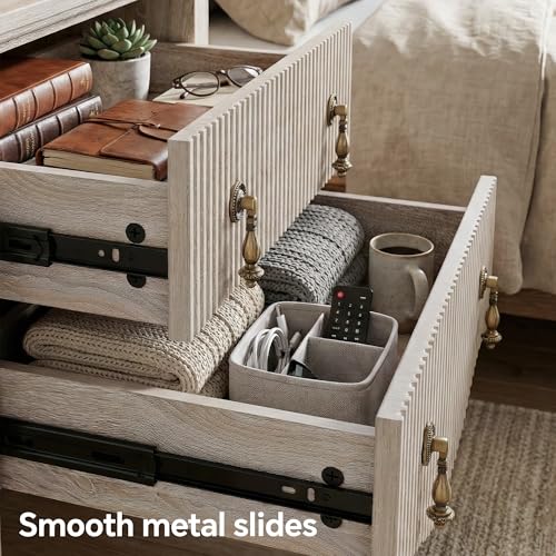 Image of Set of 2 Nightstands with Charging Station&2 Fluted Drawers,Nature Oak | Vintage Bedside Table, 2 Fluted Drawers and Open Shelf, Rustic End Table, Power Outlet and USB Ports, For Bedroom