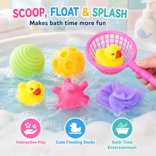 Image of Zest 4 Toyz Chu Chu Duck Baby Bath Tub Toys Squeeze Soft Balls and 3 Duck Animal Toys with net and Bath Sponge for Toddler Kids - Pack of 8